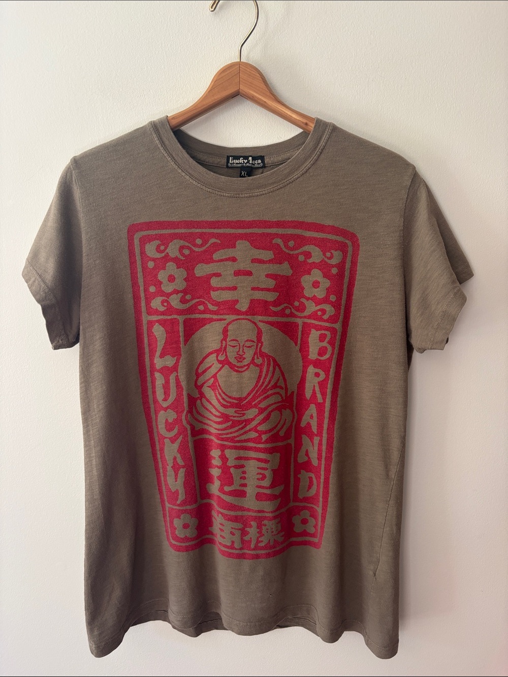 Vintage Lucky Brand Buddha T-Shirt Olive Green Red Size XL